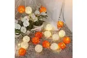 1 Set of Orange n White 5cm Rattan Cane 50 Ball Battery Powered LONG 5m String Lights Christmas Gift Home Wedding Party Bedroom Decoration Table Centrepiece