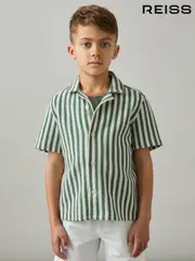 Reiss Green/White Trig 9-13 yrs Textured Stripe Cuban-Collar Shirt (F18235) | $75