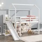 Twin House Loft Bed with Slide, Storage Shelves and Light, Wood Twin Bed Frame w