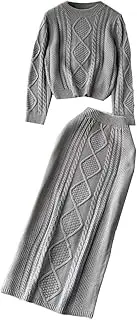 [keusyoi] Warm Two Piece Knit Skirt Set Women Long Sleeve Thick Tops Elastic Waist Winter Sweater Bodycon Midi Skirt Suit