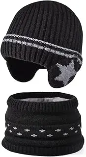 [DKDDSSS] Boys' Hat Loop Scarf Set, Boys Winter Hat with Ear Muffs and Loop Scarf, Warm Fleece Lining, 3-8 Years, black, One size