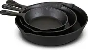 Jim Beam HEA Set of 3 Pre Seasoned Cast Iron Skillets with Even Distribution and Heat Retention-6" 8" 10", 10'', Black