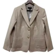 Talbots Classic Shetland Herringbone Blazer Beige Gold Buttons Wool Blend 14 NEW