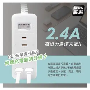 【台灣製造 新版安規】1切3座延長線/2USB智慧型充電組/15A 1650W(1.8米/6尺/180CM)