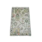 2'x3' Alabaster White Hand Knotted Afghan Angora Oushak 100% Wool Mat Rug G20333