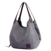 Women's Cotton Canvas Handbag Multi-pocket Shoulder Bag Canvas Tote Bag