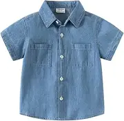 [Irsutey] Baby Boys Solid Color Lapel Short Sleeve Button Up Denim Shirt Top Casual Loose with Two Front Pockets