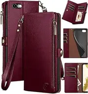 XcaseBar for iPhone 6S Plus/6 Plus 5.5" Wallet Case with Zipper Credit Card Holder, Flip Folio Book PU Leather Phone Case Shockproof Cover Women Men - Wine Red