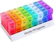 XINHOME Monthly Pill Organizer Box - 31 Day AM/PM Daily Pill Case 32 Compartments for Each Day, Pill Dispenser Container to Hold Vitamins, Supplements and Medication –Includes Gray Plush Pouch