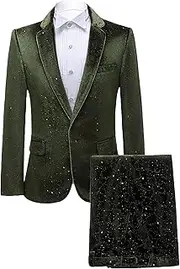 [JEShifangjiusu] Two Piece Velvet Tuxedo Printed One-Button Suit Wedding Banquet Suit Jacket Prom Pants, Green, L
