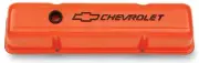 GM Performance 141-784 SBC Steel Orange Valve Covers, Tall, Black Bowtie / Chevr