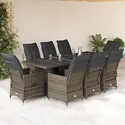 9 Piece Garden Bistro Set with Cushions Grey Poly Rattan, Furniture Sets, Patio Furniture