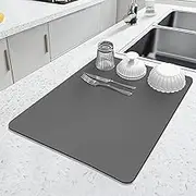 LOPNUR Kitchen Dish Drying Mat, 18"x16" Small Dish Drying Mats for Kitchen Counter, Super Absorbent Dish Drying Pad, Diatomite Coffee Mat Heat Resistant Mat with Anti-slip Rubber Backed, Grey
