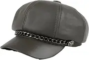 [Generic] Women Winter Octagonal Hat British Retro Genuine Leather Beret Caps Mujer Flowers Golden Chain Beanies