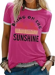 WIEIYM T-Shirt Damen Bring On The Sunshine Tshirt Sommer Lässig Tee Shirt Rundhals Kurzarm T-Shirts Brief Gedruckt Bluse Tops S-XXL