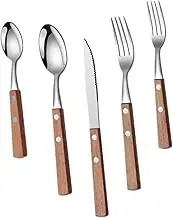 Anneome Stainless Steel Utensil Set Wooden Handle 5pc Knife Fork Spoon Set for Buffet Parties