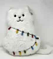 ISAAC MIZRAHI White Faux Fur Cat In Holiday Christmas Lights Pillow NEW
