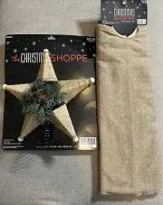 NEW! 48" Brown Burlap Look Fabric Christmas Tree Skirt& Star Tree Topper w/twine