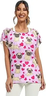 [RPLIFE] Cute Pug Hearts Ladies Batwing Tops Women Loose Blouse, S-XXL Loose Flowy Tops for Women