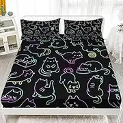 AILONEN Twin Size Cat Bed Sheet 3 Pieces Set, Cute Animals Bedding Set for Kids Boys Girls,Breathable Soft Gradient Line Cat Sheet Fitted Sheet and 2 Pillowcases