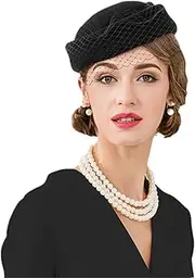 [Bciopll] Women Fascinators Hats Black Vintage Wool Wedding Pillbox Tea Party Felt Fedora Red Church Hat Black1