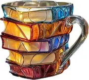 2025 New 3D Painted Book Mug - Stacked Books Design Glass Coffee Cup for Hot & Cold Drinks - Novelty Gift for Book Lovers & Friends 1PCS