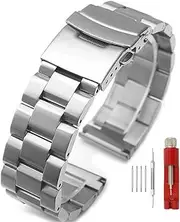 [Hstrap] Silver/Black Stainless Steel Watch Bands Brushed Finish Watch Strap 18mm/20mm/22mm/24mm Double Buckle Bracelet