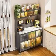 Black Kitchen Baker's Rack with Door Cabinet and Stone Tabletop 5 Tier Microwave Stand with Pegboard Accessories and Adjustable Bottom Shelf 100cm