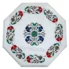 Pietra Dura Art Coffee Table Top White Marble Patio Side Table for Garden Decor