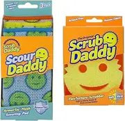[Scrub Daddy] Scour Daddy Scouring Pads 3-Pieces, 3 Pack, Multicolour & Flex Texture Cleaning Sponge, Original Yellow 4 1/8 inches