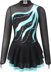 [inhzoy] Kids Girls Rhinestones Dance Dress Mesh Patchwork Long Sleeve Figure Ice Skating Dress Gymnastics Leotard Costume