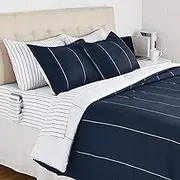 Amazon Basics Reversible Microfiber Bed-in-a-Bag with Elastic Storage Pockets - 3 pieces, Full/Queen, Navy Stripe