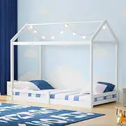 Oikiture Kids Wooden Bed Frame, Single Bed Frame with Pine Wood Timber Platform Bed Slat Support for Toddler, White