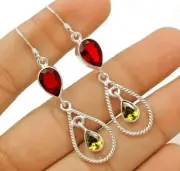 4CT Natural Fire Garnet & Peridot 925 Sterling Silver Earrings 2 1/5" Long @B3-9