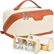 Travel Makeup Bag - Large Capacity Cosmetic Bag for Women, PU Leather Waterproof Lay Flat Toiletry Bag with Handle and Divider Open, Portable Makeup Organizer for Travel (Brown)