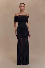 Caspian Slinky And Mesh Off Shoulder Maxi Dress - Black