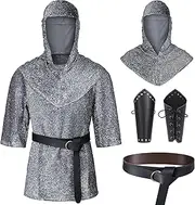 Renaissance Faux Chain Mail Armor Tunic Shirt Coif Medieval Knight Cowl Crusader Costume Outfit Bracers Waist Belt Set