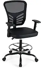 Giantex Height-Adjustable Drafting Chair, Swivel Task Chair w/Adjustable Armrests & Footrest Ring, Lumbar Support, PU Leather Seat, SGS Certified Gas Cylinder, Standing Desk Chair for Home Office