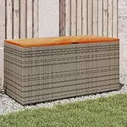 Garden Storage Box, Grey Poly Rattan Deck Chest with Acacia Wood Top, Outdoor Patio Cushion Container, 110x50x54 cm