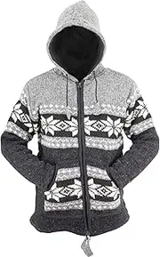 [Woolmandu] Nepal Woolen Jacket For Men - Full Zip Up Wool Winter Sweater, Front Zipper Fleece Line Floral Pattern Pullover, Black Grey