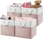 Patvingot 13x13x13 Storage Cube Bins,Set of 4, Large Foldable Fabric Storage Cubes with Handles for Organizing Home, Closet, Clothes, Toy, Book, Office (White&Pink)