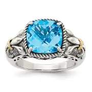 Sterling Silver 14K Accent Antiqued Cushion Checkerboard Blue Topaz Ring Size 8