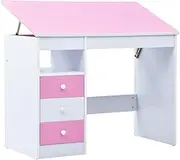 vidaXL Children Drawing Study Desk, Computer Desk with Drawers and Shelf, Office Desk for Living Room, Office Table, Tiltable Pink and White