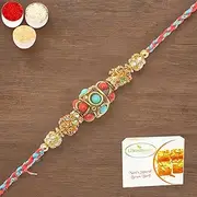 Ghasitaram Gifts Rakhi for Brother Rakhis Online - RM571 - Blue Ethnic Bracelet Rakhi with 400 GMS of Besan Barfi