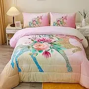 Namoxpa Floral Unicorn Bedding Comforter Sets Girls Unicorn Pink Roses Comforter 3 Pieces Green Fantasy Glittery Horse Comforter Sets for Teens and Girls,Queen Size