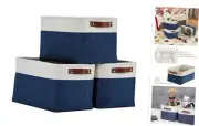 Storage Bins | Fabric Storage Basket for Shelves XL - 3 P Blue Navy and White
