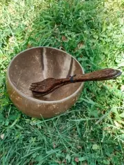 Large Natural Coconut Shell With Coconut Fork And Spoon Handmade Bali Indonesia