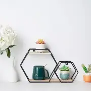 Black Natural 2 Tier Hexagon Metal Wood Geometric Floating Shelf Decorations