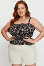 Geo Print Crop Singlet Top Shirred Waist