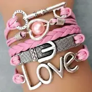 BRACELET Skeleton Key with Pink Braid and Charms - 5 Different Connected Bands